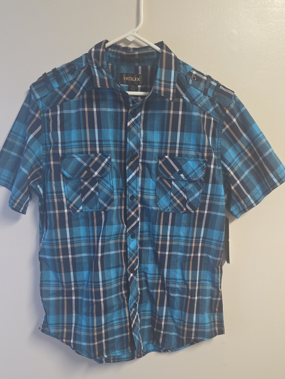 Mens Helix Blue  Plaid Short Sleeve Shirt